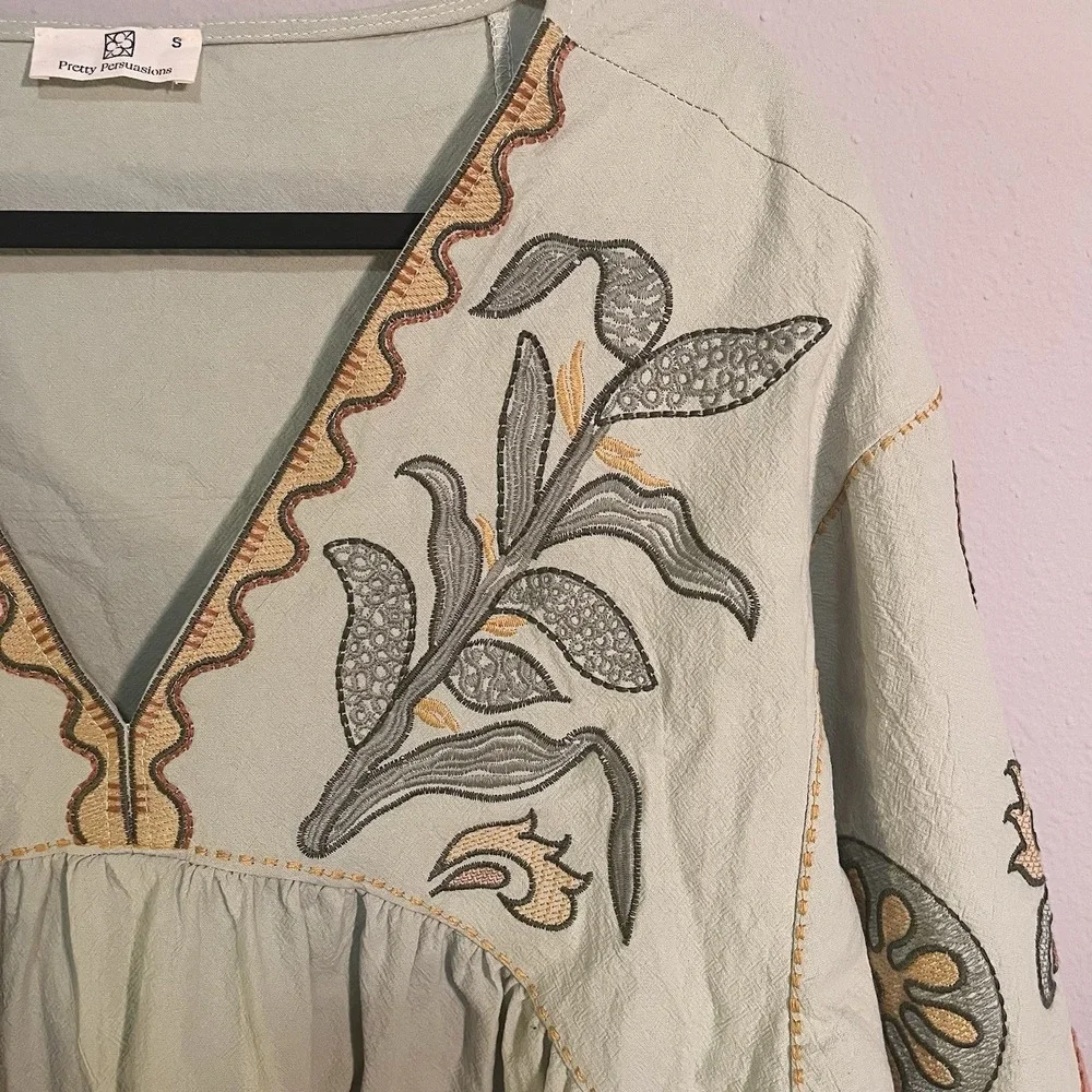 Boho Sage Embroidered Dress Loose Fit V-Neck Babydoll Size S festival Fairy - Picture 5 of 7